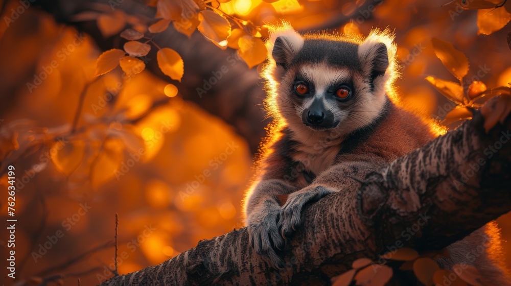 Naklejka premium A sharp lemur image on a tree, surrounded by leafy haze