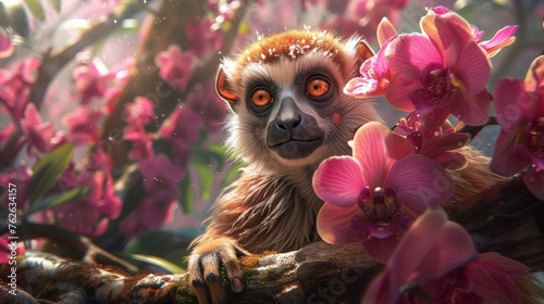  A photo of a monkey on a tree branch surrounded by pink blossoms, against a pink backdrop