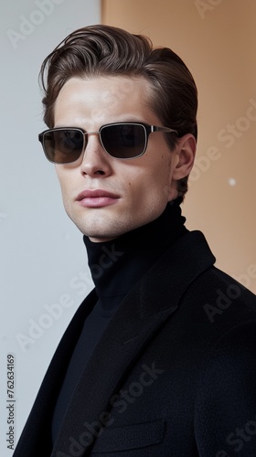 Stylish Young Man Wearing Sunglasses and Black Turtleneck Indoors