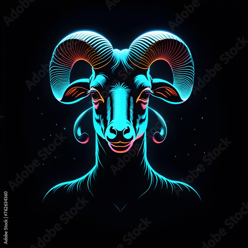 neon zodiac sign aries on a dark star background, ram