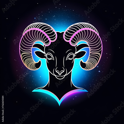 neon zodiac sign aries on a dark star background, ram