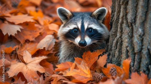  A raccoon emerges from a tree, enveloped by fall foliage and acorns