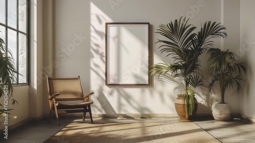 Contemporary setup featuring a thin black frame mockup against a minimalist white studio wall  emp