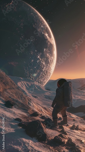 Lone Astronaut Walking on a Rocky Exoplanet Under a Glowing Gigantic Moon photo