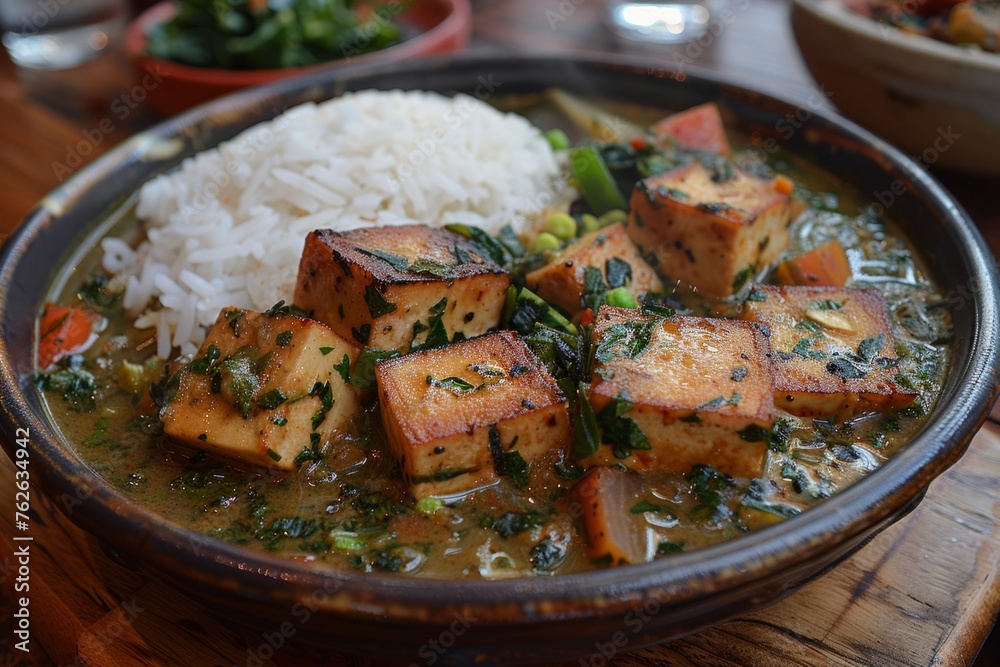 Tofu and vegetable curry beside jasmine rice garnished with fresh cilantro in a patterned bowl. Tofu and vegetable curry beside jasmine rice garnished with fresh cilantro in a patterned bowl.