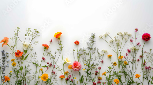 Collection of mixed wildflowers on white background. Copy space