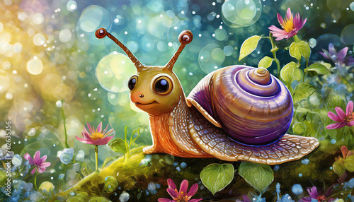 Detailed acrylic painting of funny cartoon snail. Cute creature photo