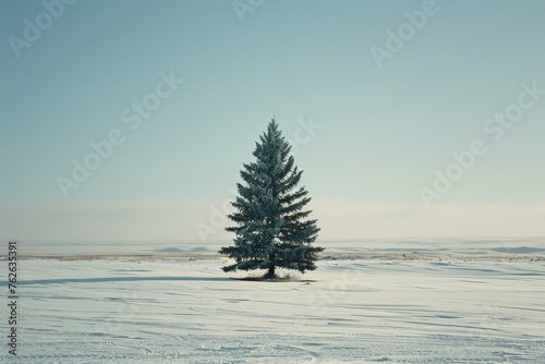 Lone Evergreen in Snowy Field