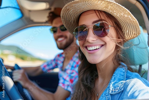 Side view of joyful young woman relaxing on the front seat while her boyfriend sitting near and driving their car