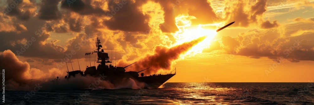 A missile being launched from a war boat during a military conflict. Banner of a warship launching a missile at dawn