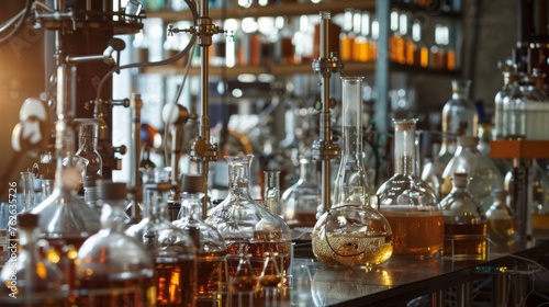 A laboratory filled with bubbling flasks and intricate glassware, hinting at experiments in progress.