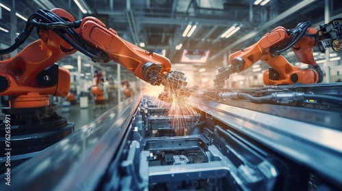 production of mechanical industrial robots with robotic arms for assembly in factory production. Artificial intelligence concept for industry and automated manufacturing processes