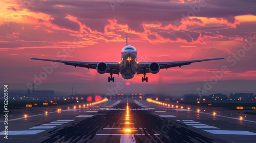 A large jetliner taking off from an airport runway at sunset or dawn with the landing gear down and the landing gear down, as the plane is about to take off photo
