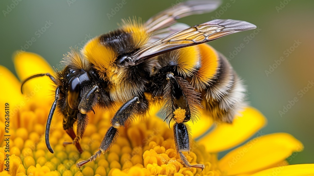 A macro shot of a bumblebee atop a sunflower, covered in pollen on its petals A macro shot of a bumblebee atop a sunflower, covered in pollen on its petals