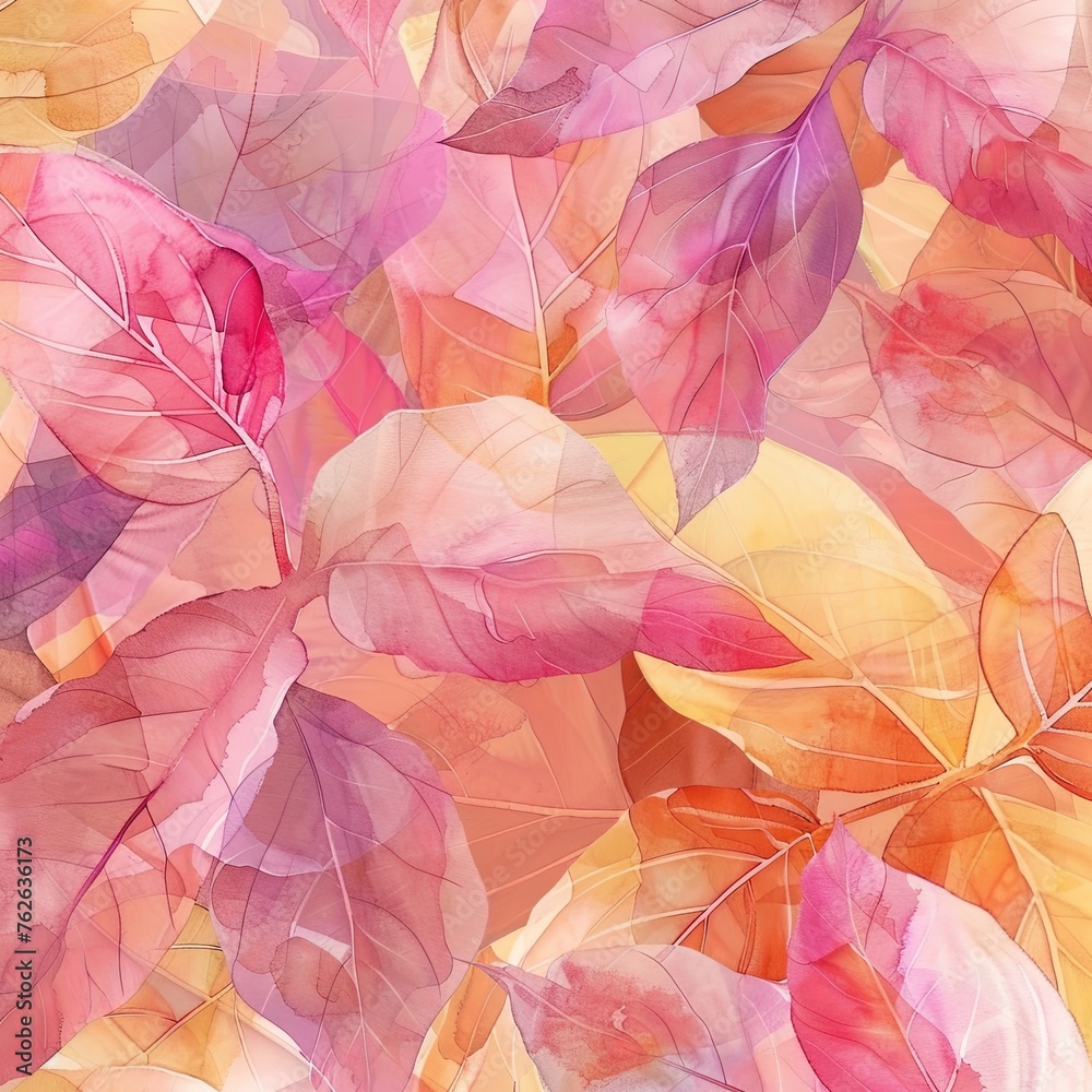 Illustration with pink and peach pastel leaves, watercolor flower. velvet leaves. background for wallpaper. generative ai