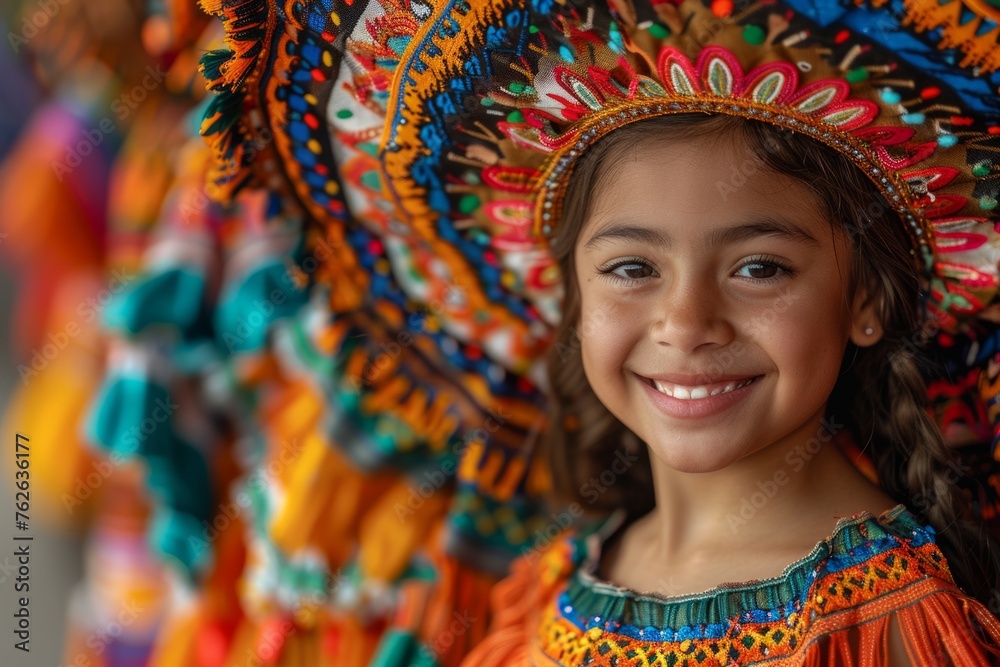 A cheerful young girl adorned in traditional Mexican attire with a colorful embroidered sombrero, showcasing vibrant cultural heritage.