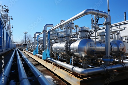 Gas pipelines, valves at a distribution station, a natural gas pumping and processing plant, an industrial image with a place for text, Generative AI.
