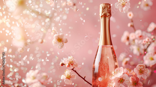 gold champagne bottle with pastel color confetti and spring flowers flying around spring celebration on pink background, photo