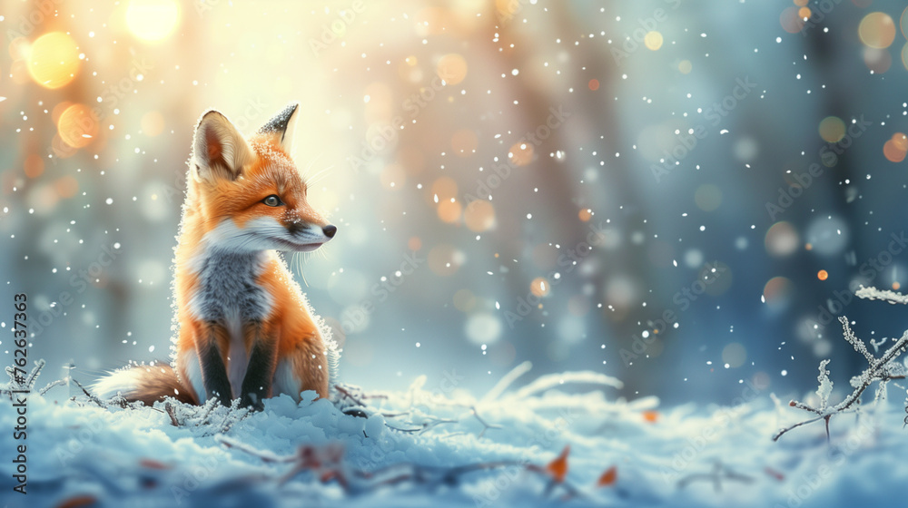 3d Red cute fox cub on the background of a snow  fairy tale winter forest 