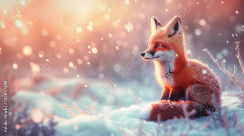 3d Red cute fox cub on the background of a snow fairy tale winter forest 