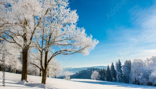 beautiful winter background with tree branches covered with hoarfrost created by