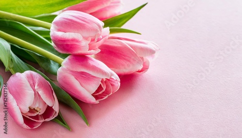 mother s day abstract pink color background decorated with tulips pink flowers banner with copy space