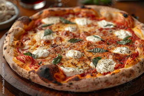 A freshly baked artisanal pizza with golden crust, mozzarella cheese, and basil, displayed on a wooden board in a rustic setting.