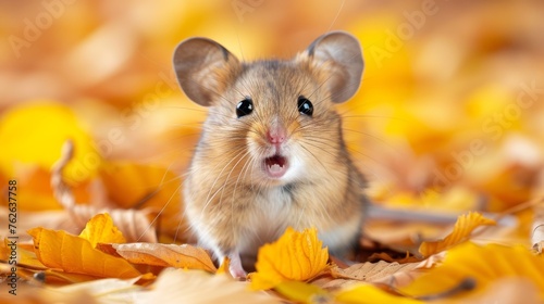  Close-up photo of a tiny mouse amidst a field of leaves with its mouth agape and wide-eyed gaze