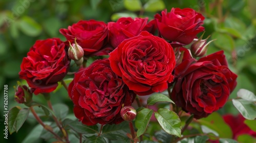 A luscious bouquet of crimson roses, their velvety petals exuding a captivating fragrance, set against a backdrop of lush green foliage.