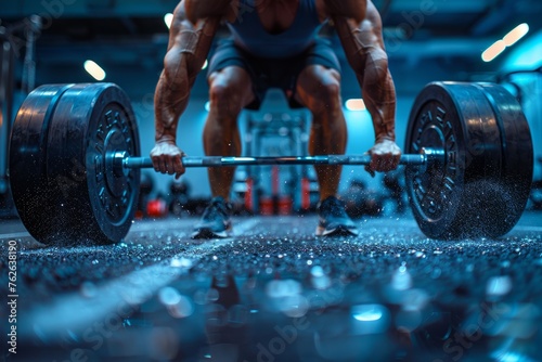 A determined athlete performs a heavy deadlift in a modern gym, showcasing muscular strength and intense focus during a workout.