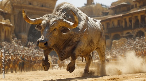  A massive bull charges through a desert landscape, dwarfed by surrounding buildings