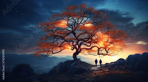 Young couple sitting on a big tree and looking at the sky at night