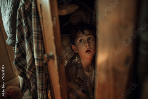 Boy hiding and looking scared in closet photo