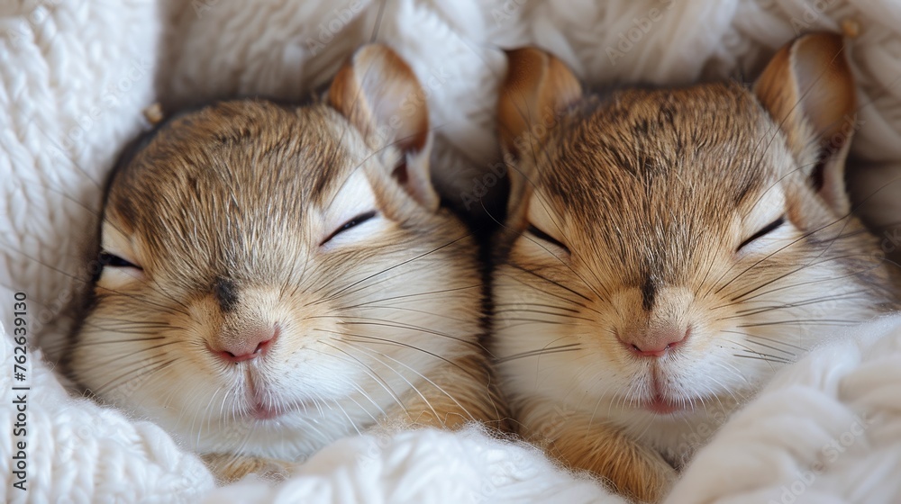 A pair of tiny creatures resting together atop a white sheet A pair of tiny creatures resting together atop a white sheet