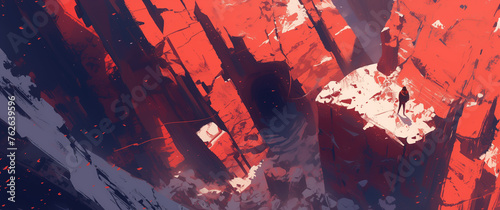 Figure on a Cliff Overlooking a Crimson Abyss