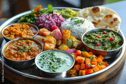 An array of Indian dishes in a vegetarian thali, with vibrant curries, rice, and naan, ready for a flavorful meal.