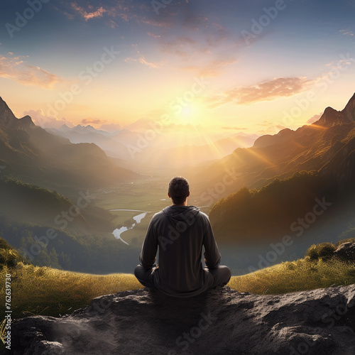 Back view of a man sitting in yoga pose in the sunrise with a mountain range in front of him. Serene warrior find spirituality and wellbeing. Mental health concept hyper realistic.