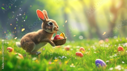 Easter Bunny Running With Basket of Eggs in Grass Generative AI