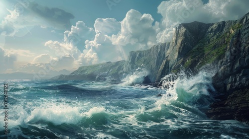 A painting depicting powerful waves crashing fiercely against a rugged cliff, creating dramatic splashes and foam. The scene captures the dynamic interaction between the relentless ocean and the solid