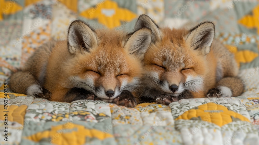 Obraz premium A pair of foxes lounging beside each other on a flowery bedspread