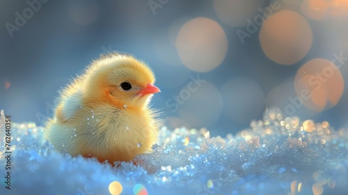  A close-up photo of a tiny yellow duckling sitting on a snowy landscape with a gentle blur in the background