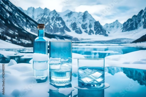 Water gently pouring into a glass from a sleek bottle, with the serene beauty of snow-covered mountains providing a stunning backdrop, offering a moment of calm and refreshment amidst nature's splendo