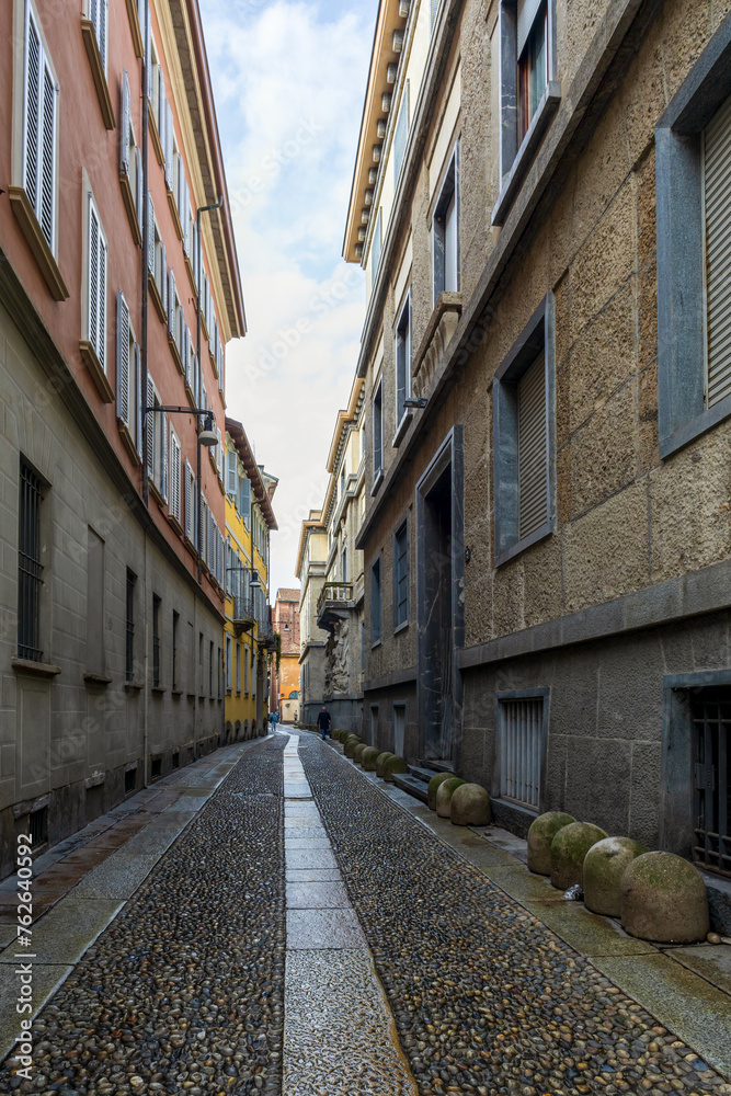 The street with ancient buildings in the center of Milan, Italy