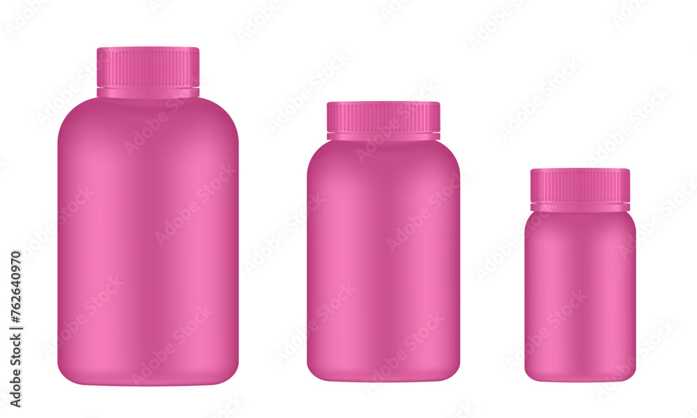 Set of big, medium and small medical pill bottles. Pink jar with lid. Plastic medicine container. 3d mockup of a packaging for pharmacy Set of big, medium and small medical pill bottles. Pink jar with lid. Plastic medicine container. 3d mockup of a packaging for pharmacy