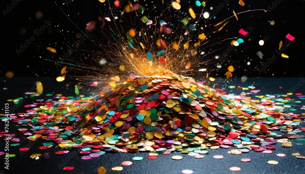 an artistic composition of colorful confetti bursts and glitter trails on a sleek black surface party happy new year merry christmas celebration vertically oriented - obrazy, fototapety, plakaty 