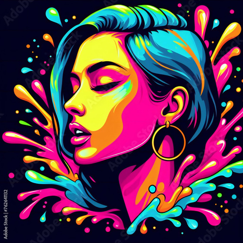 Digital art of a woman with blue hair and large hoop earrings   surrounded by a vibrant  colorful paint splatter effect .