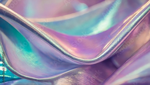 close up of ethereal pastel neon pink purple lavender mint holographic metallic foil background abstract modern curved blurred surreal futuristic disco rave techno festive dreamlike backdrop