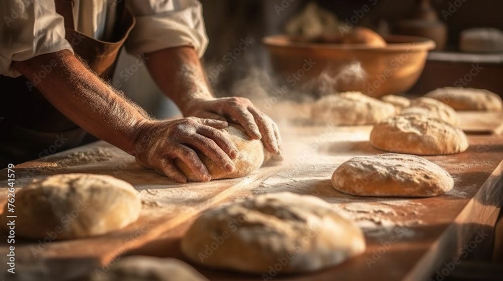 artisan baker shaping dough on a floured surface, with a focus on the hands working the dough, evoking the craftsmanship of traditional baking