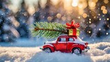 christmas decoration with a toy car carrying a christmas tree and gifts in the snow in a winter park generated