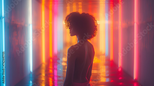 Retro styled woman in colorful neon lit corridor